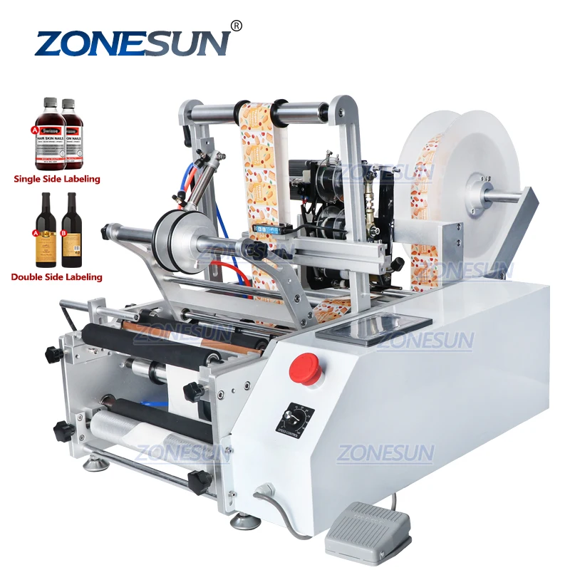 ZONESUN TB-190 Wine Double Side Sticker Round Water Semi-automatic Digital  Bottle Labeling Printing Machine