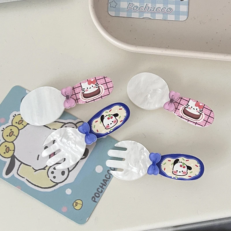 Cute Spoon Fork Hairpin Cartoon Sanrio Melody Cinnamoroll Purin Pochacco Kt Cat Kuromi Clip per capelli rotti Kawaii Side Clip Gift