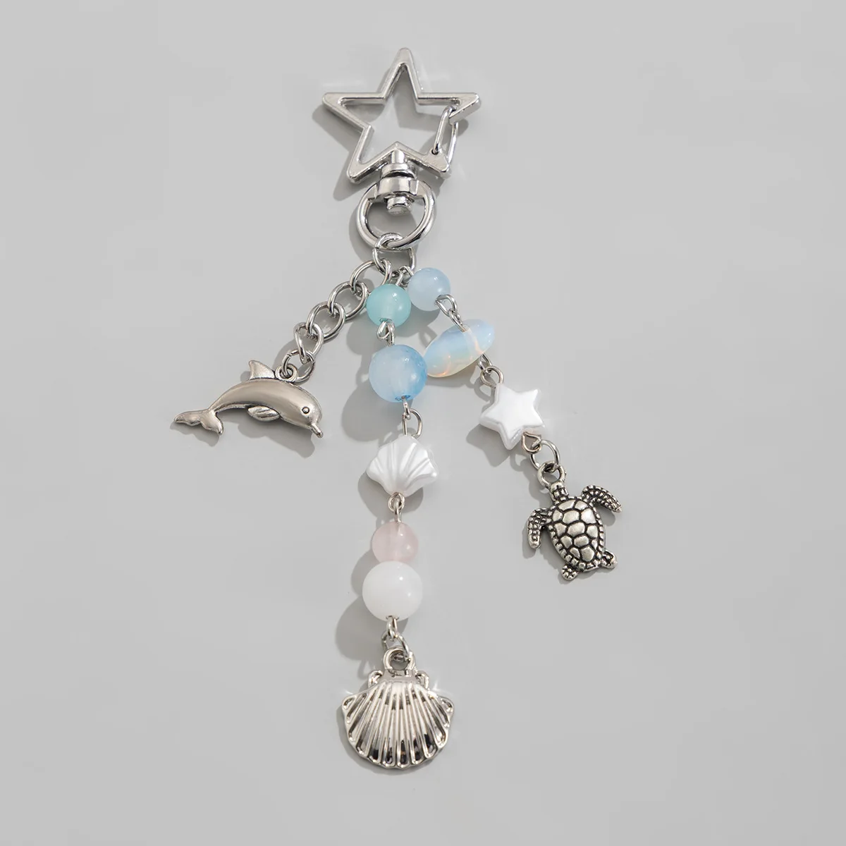 Beaded Star Turtle Keychain with Seashell Dolphin Tassel Ocean Resort Style Nautical Charm for Bag Car Lightweight Alloy
