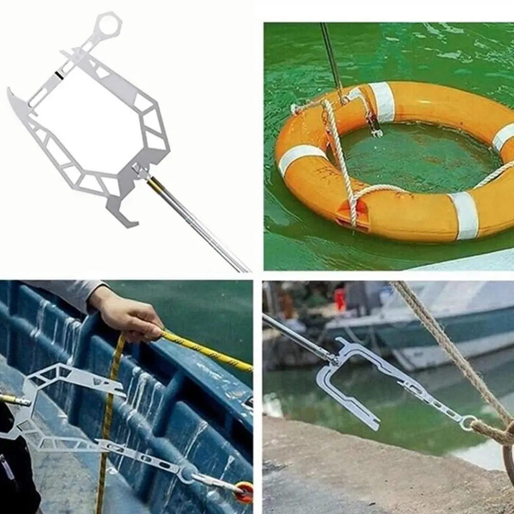 U Shaped Dock Hook Stainless Steel Telescopic Rod Tie Rope Hook Convenient Portable Long Distance Threader Boat Tool