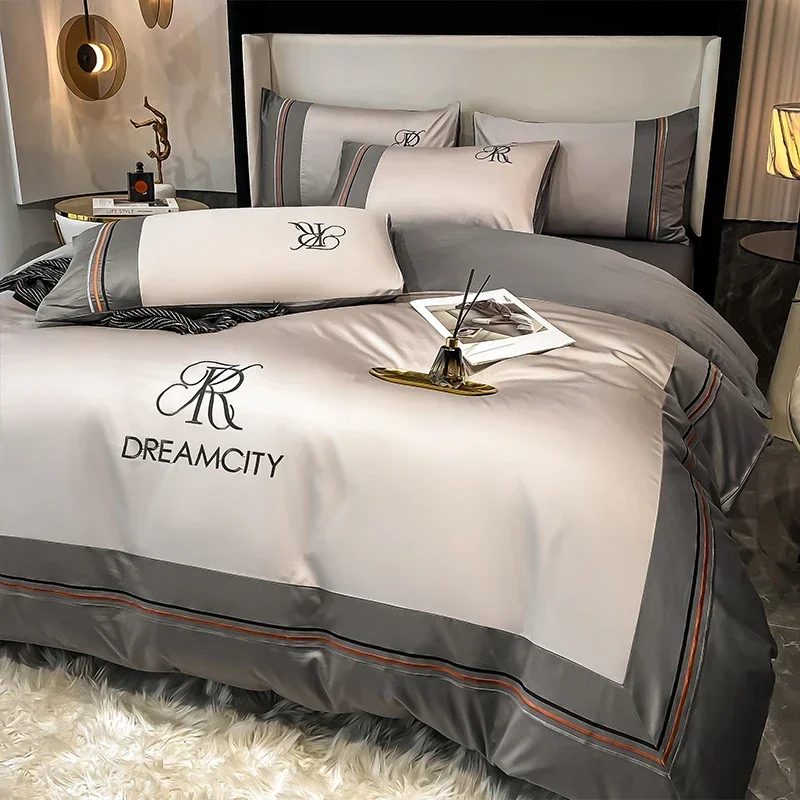 Luxurious long staple cotton four piece quilt cover 100% cotton bedspread fitted sheet spring and autumn satin bedding set