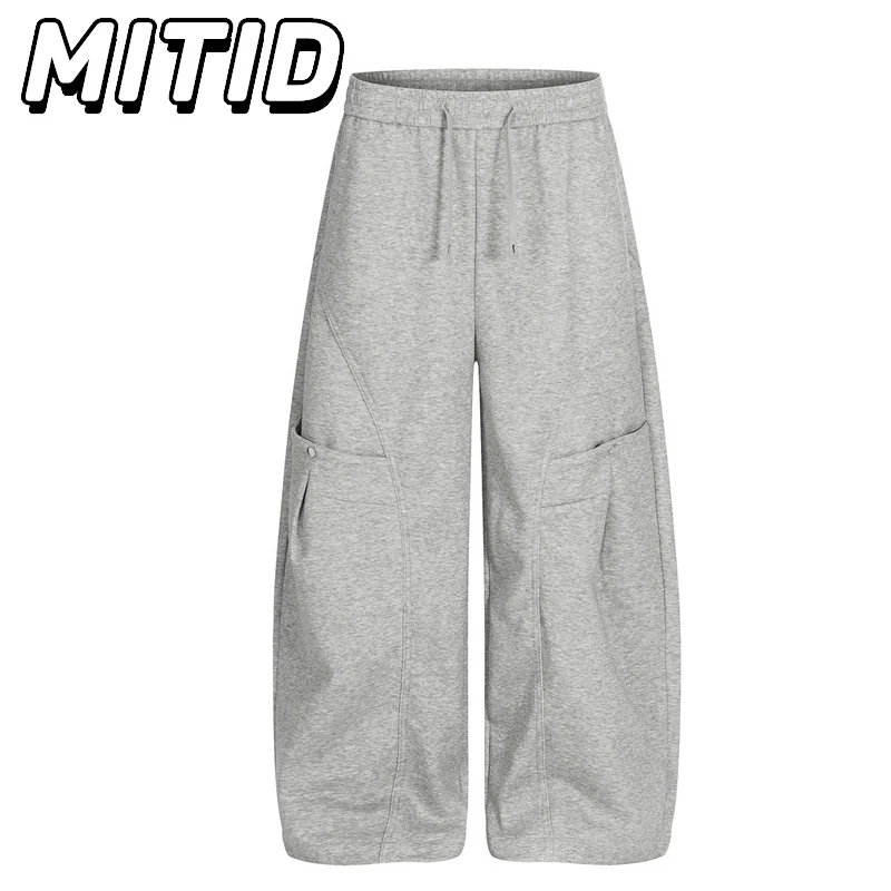 

High Street Couple Curved Knife Pants Mid-waist Elastic Waist Wide Leg Pants Men Hip Hop Streetwear Pleated Dance Trousers Men