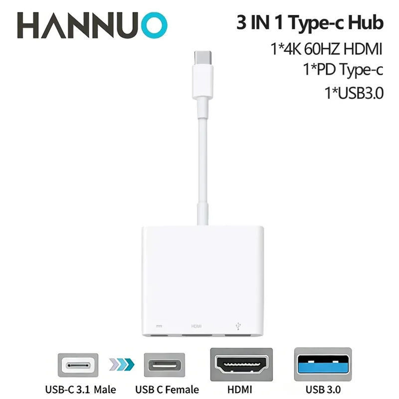 

HANNUO 3 IN 1 USB C to HDMI-Compatible Adapter USB 3.1 Hub Type C Charging Converter For MacBook PC Projector TV Monitor Type-C