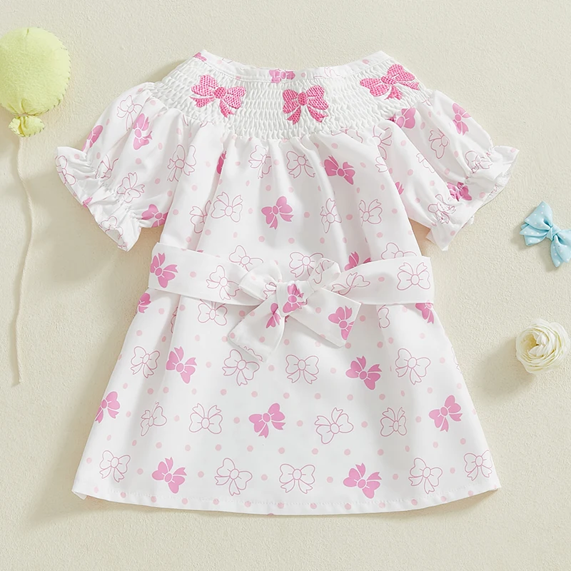 Baby Girl Summer Dress Puff Sleeve Round Neck Bear Bow Print Smocked Dress Infant Dress with Headband Set