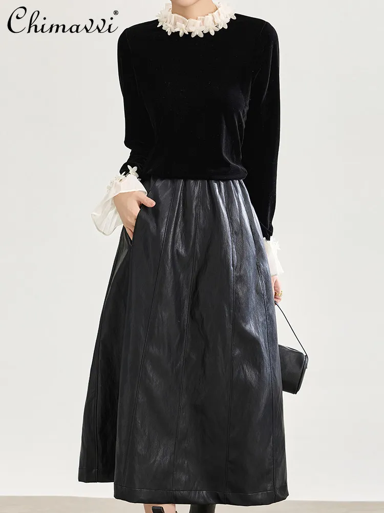 

French Elegant Vintage Draped Elastic High Waist PU Skirts Fashion Versatile Black Long Leather Skirt for Women Spring 2026