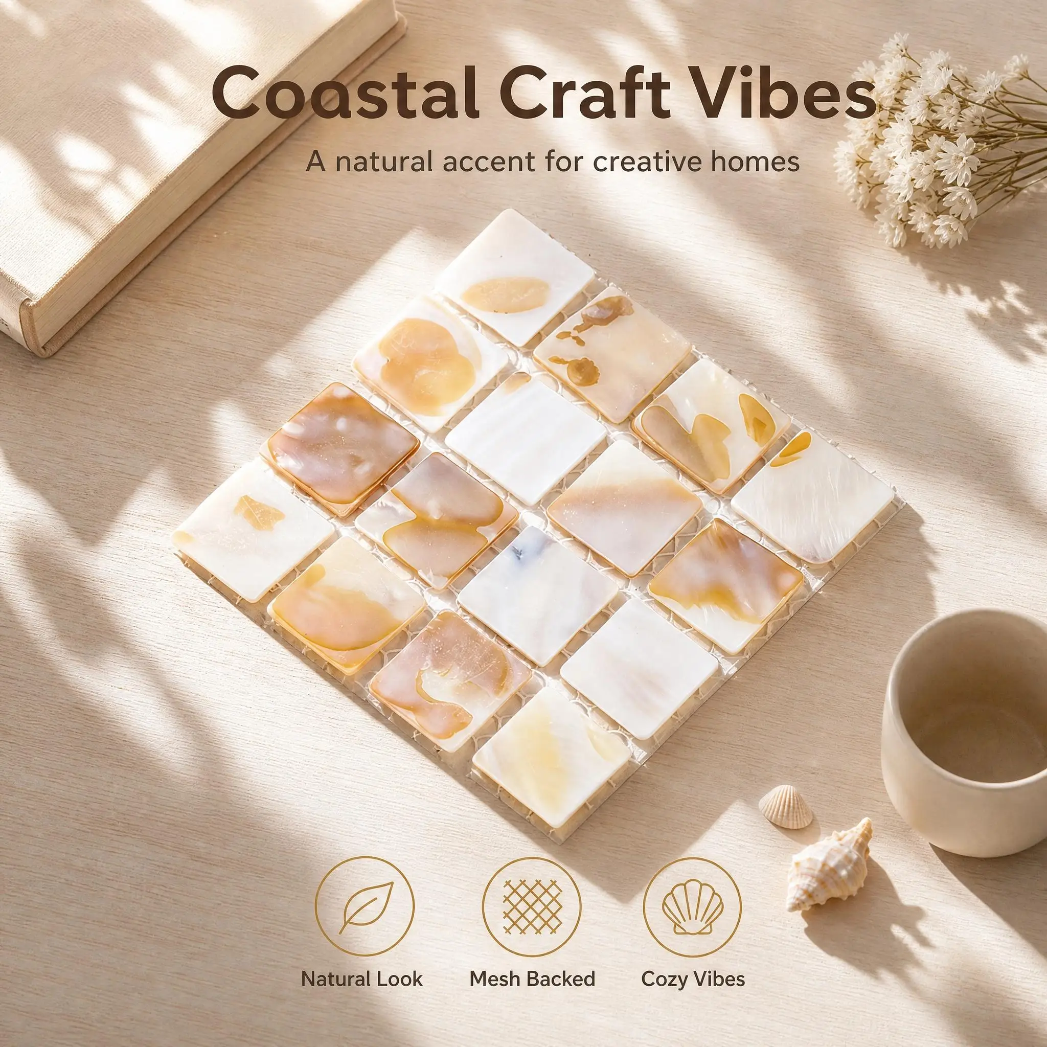 Natural Mother of Pearl Mosaic Tile Sheet 8.5cm 16Pcs Grid Mesh Backed Iridescent Shell Craft DIY Backsplash Wall Decor Supply