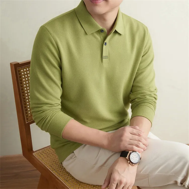 100% Mercerisierte Baumwolle Einfarbiges Business-Casual-Oberteil Herren Old Money Style Langarm-Poloshirt – Detail 15