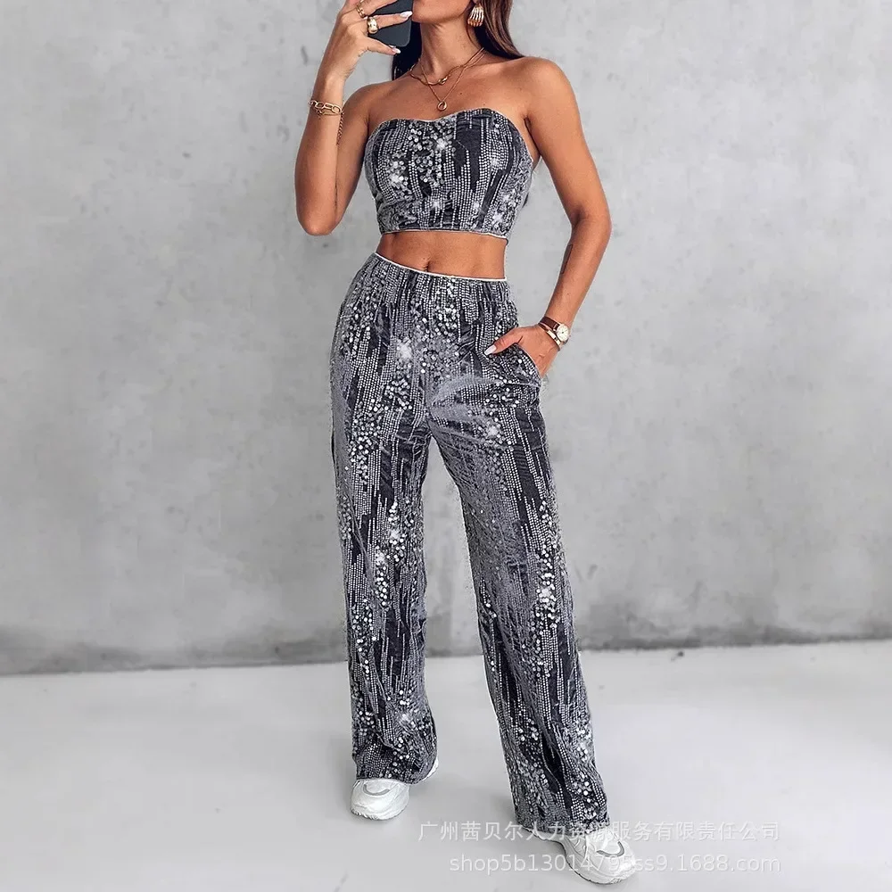 3 Piece Velvet Contrast Sequin Bandeau Top Hooded Sweatshirt Pants with Pockets Tracksuit