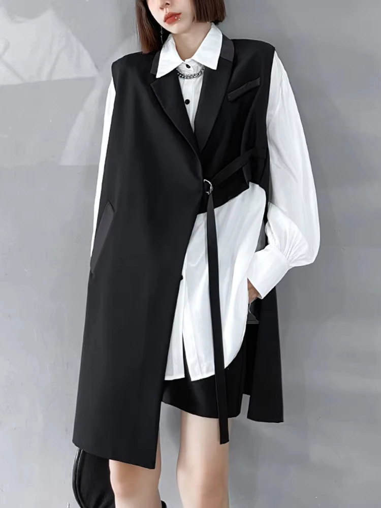 

Women Loose Fit Black Irregular Buckle Big Size Long Vest New Lapel Sleeveless Fashion Tide Spring Autumn 2024 1DF5981