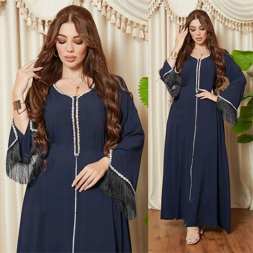 

Eid Party Caftan Morocco Abaya Diamonds Tassel for Muslim Women Long Maxi Dress Ramadan Kaftan Dubai Arabic Islam Femme Vestidos