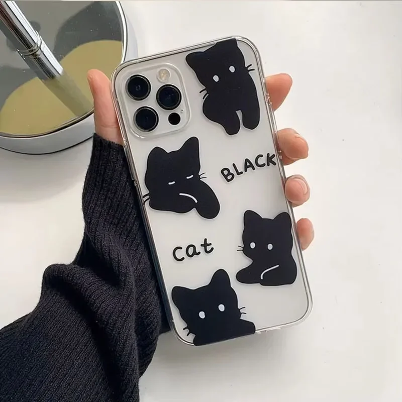 Black Little Cat Phone Case for iPhone 16 15 14 13 12 11 Pro Max X Xs Max XR 12 Mini Soft Clear Cover Transparent Fundas