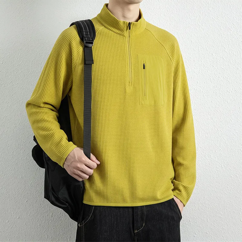 Camiseta masculina de malha waffle com gola alta e meio zíper, ideal para o outono, leve, folgada, versátil, casual, de manga comprida, para atividade