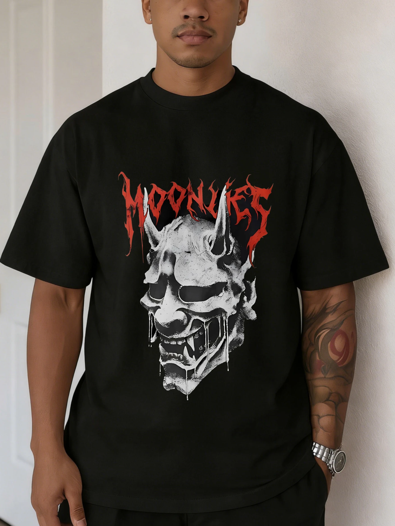 

Mens Oversized Cotton Devil Mask Graphic Printed Tshirt - Loose Fit Short Sleeve Summer Everyday Tshirt for Men