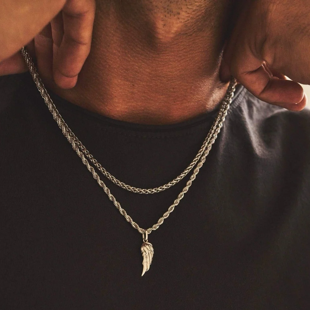 Vintage Herren-Halskette mit Federflügel-Anhänger, schlichte 18k goldfarbene Edelstahl-Kette, modischer Punk-Schmuck – Detail 2