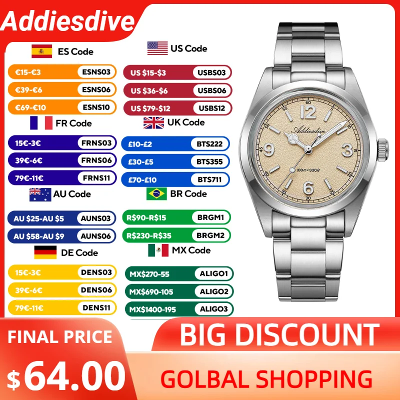 ADDIESDIVE 2026 Luxury Women Watches 36mm VH31 Quartz BGW9 Retro Super Luminous 100m Waterproof Business Woman Steel Wristwatch