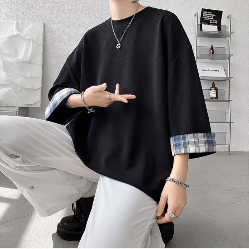 New Summer Street Casual Plaid Patchwork Loose T Shirts Half Sleeve Solid Ice Silk Simplicity Tops Fashion Trend Men Clothing