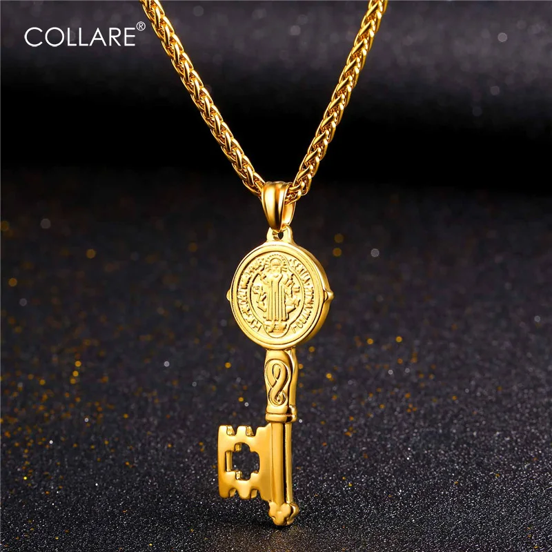 ChainsPro St Medal Printed Key Pendant Stainless Steel Gold/Black Color Men Jewelry Saint Benedict Lock Key Necklace Women P246