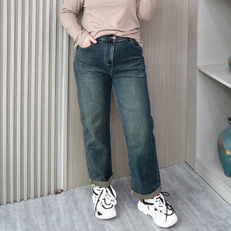 Women's Straight Leg Jeans, High Waist, Loose, Stretched, Casual Cuffs, Boyfriend Pants, Quality, Plus Size, Spring, Autumn