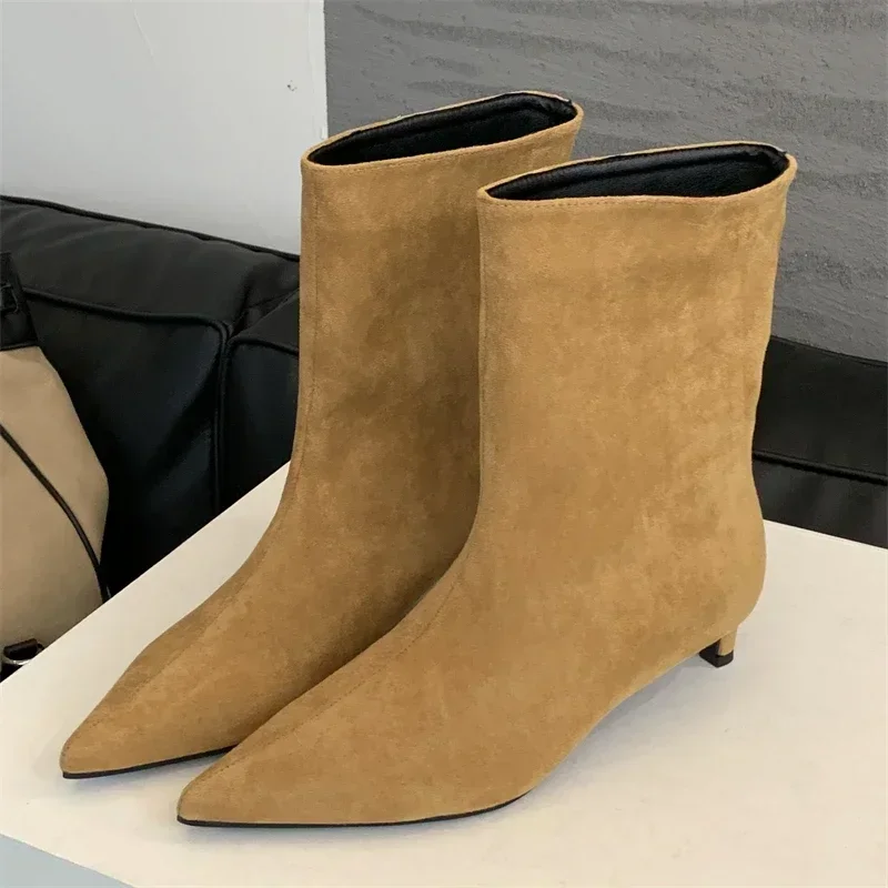 

2025 New Designer Pointed Toe Ankle Boots Women Autumn Winter Vintage Thin Low Heel Shoes Modern SHort Botas Zapatos De Mujer