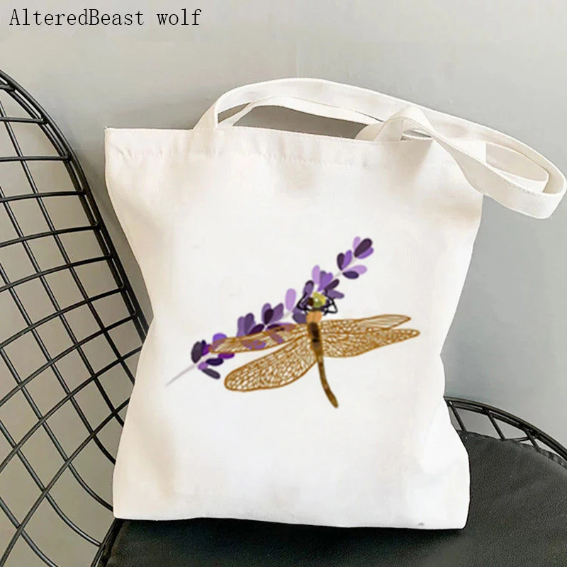 

Women Shopper bag Resting Dragonfly Wildflowers Kawaii Bag Harajuku Shopping Canvas Shopper Bag girl handbag Shoulder Lady Bag