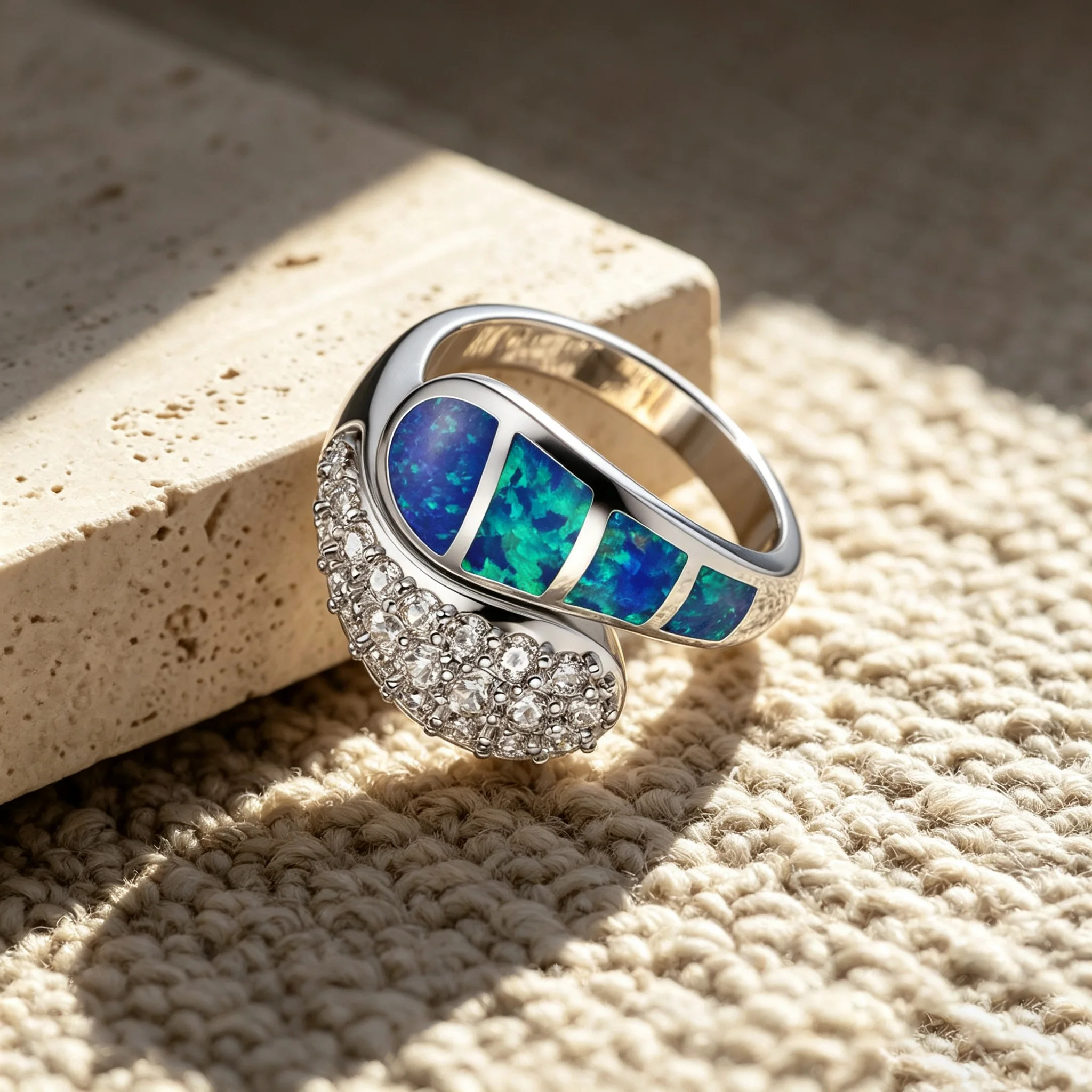 Women Asymmetric Cross Over Statement Ring, Blue Opal Stone Clear Zirconia Inlaid Wide Band Ring, Luxury Party Jewelry Gift - view 3