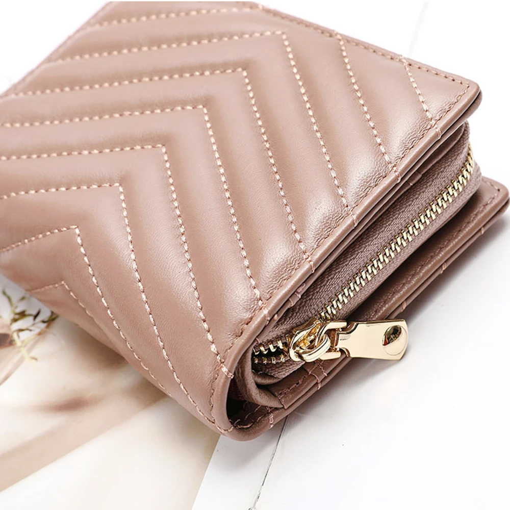 V Stripes Sheepskin Women Wallet Large Capacity 100% Genuine Leather Card Holder Coin Purse Luxury Design Female Short Wallet