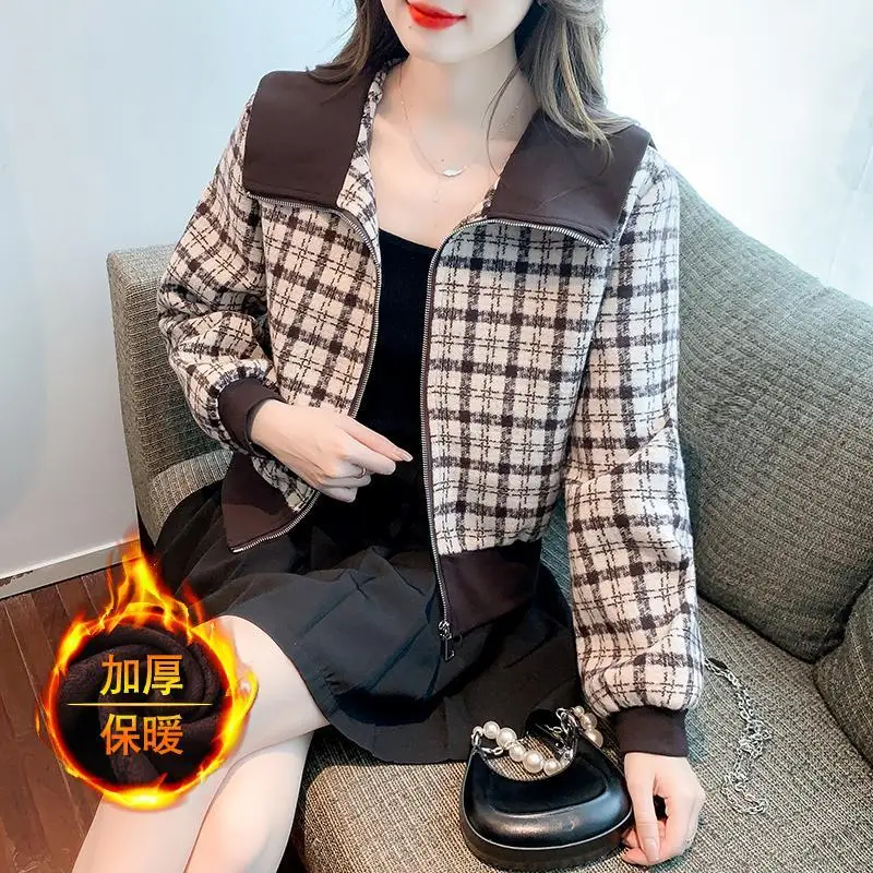 Temperament Autumn Winter New Women's Sailor Collar Houndstooth Zipper Korean Fashion Short Plus Velvet Long Sleeve Coats Tops