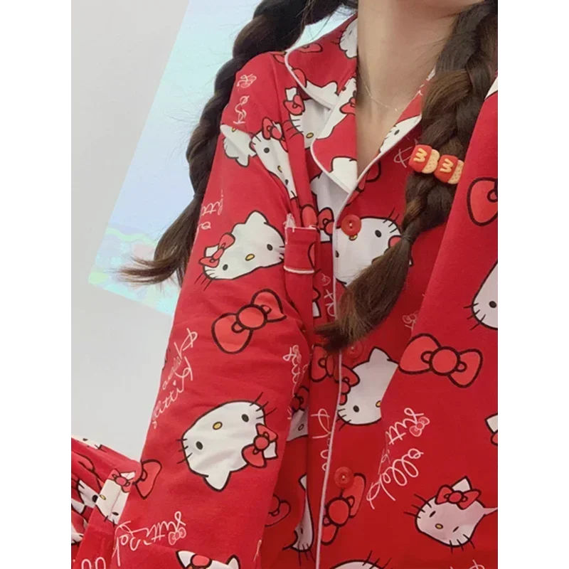 SanrioHelloKitty 여성용 면 잠옷, 실크 잠옷, 긴팔 바지, 편안하고 캐주얼 한 투피스 홈 웨어, 가을