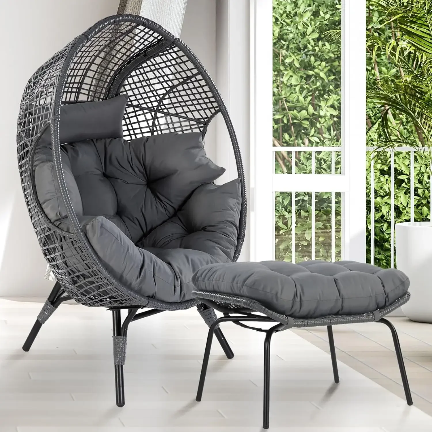 Outdoor Stationary Wicker Egg Chair Oversized Thicken Cushions Egg Seat  Egg Basket Lounge Chair with Ottoman,  Rattan Chair