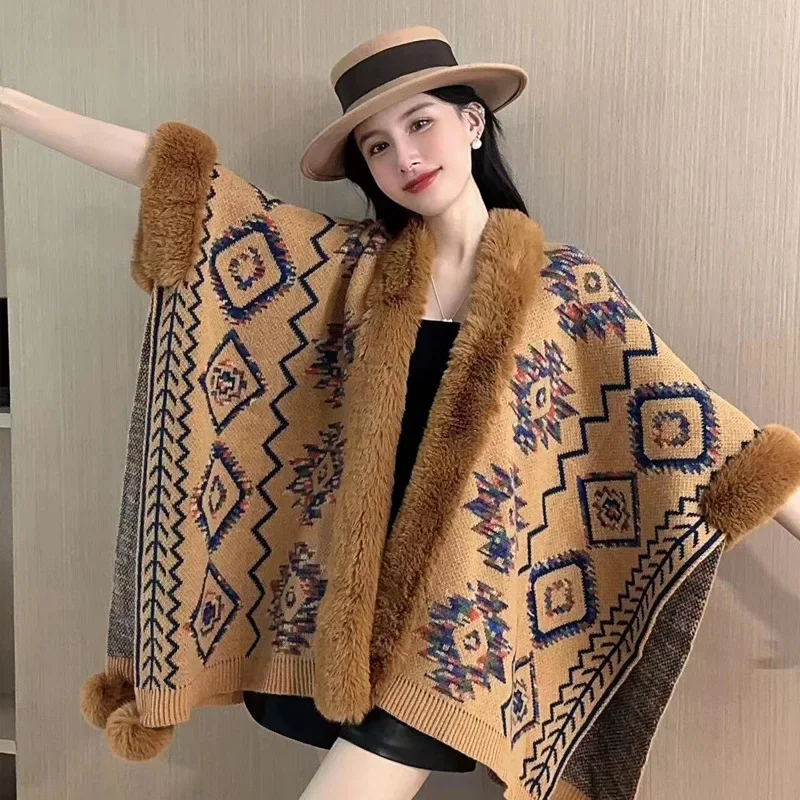 Winter Women Printed Poncho Cape Thick Warm Batwing Sleeve Pompon Cloak Faux Fur Ball Streetwear Knitted Cardigan Shawl Overcoat