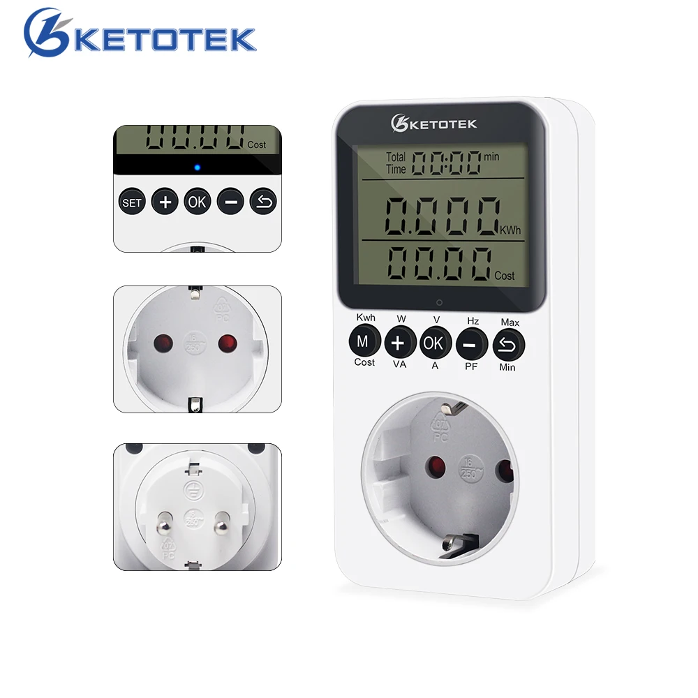 220V Digital AC Energy Meter EU Socket Wattmeter Voltmeter Ammeter Wattage Kwh LCD Power Meter Electric Consumption Analyzer