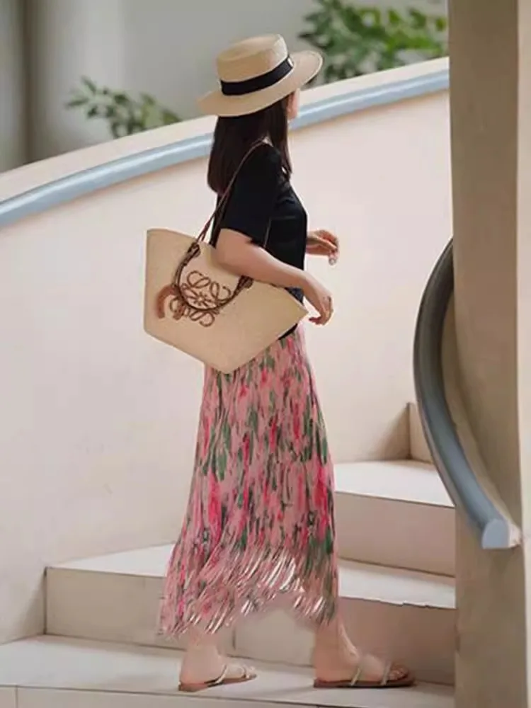 Pink Tassel Skirt Fairy Tale Forest System Long High Waist Floral A-Line Half Skirt Women's Commute Style Pleated Polyester F...