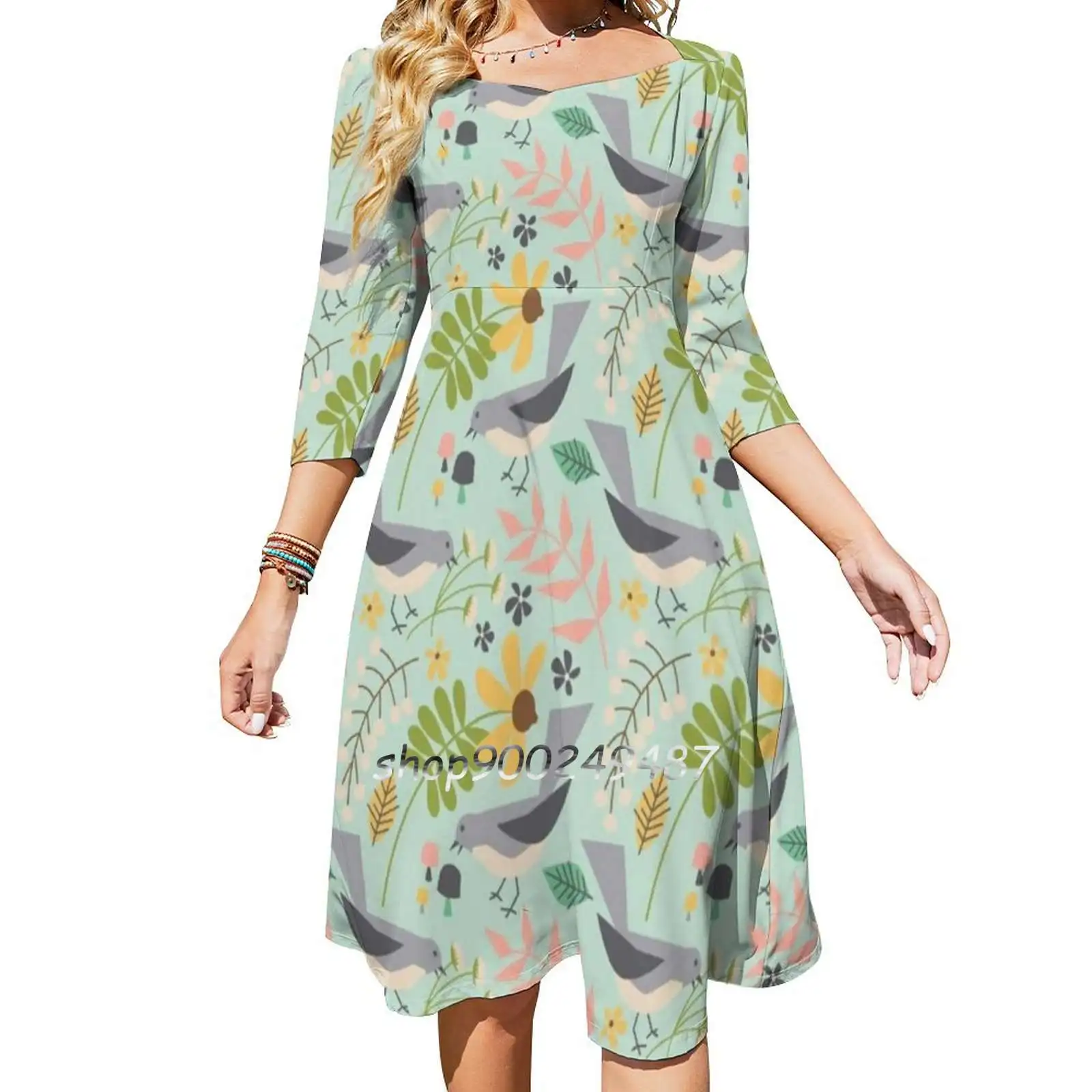 Meadowland Square Neck Dress New Plus Size Elegant Women Waist Tight Dress Spring Mushrooms Birds Floral Leaves Berries Flowers