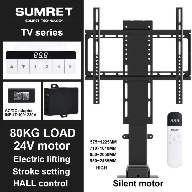 TV Lift Motorized DC Motor 100kg Mount Monitor Holder Height Electric Adjustable Remote Control 900MM 650MM 1500mm Stroke