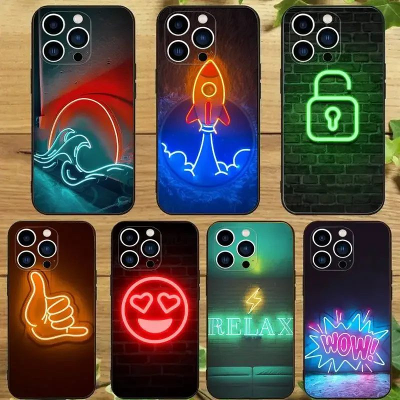 Neon Light Phone Case For iPhone 15 14 13 12 11 Pro Max Xs Xr X 7 8 Plus 12 13 Mini Silicone Black Cover