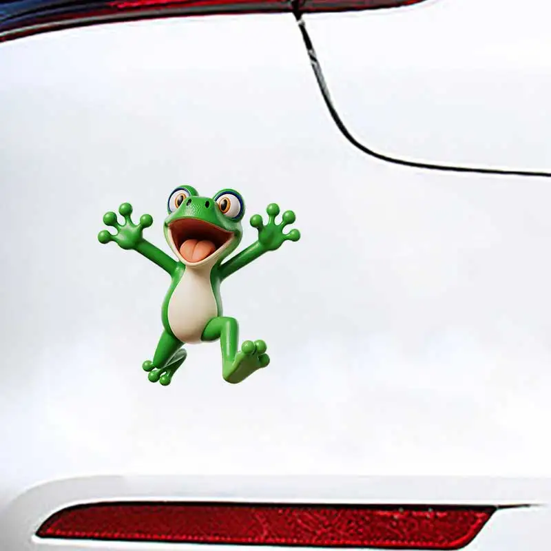 Green Cartoon Frog Car Sticker with Cream Abdomen And Blue Outline Eyes Arms Raised Unfolded Fun Vehicle Decal Q105