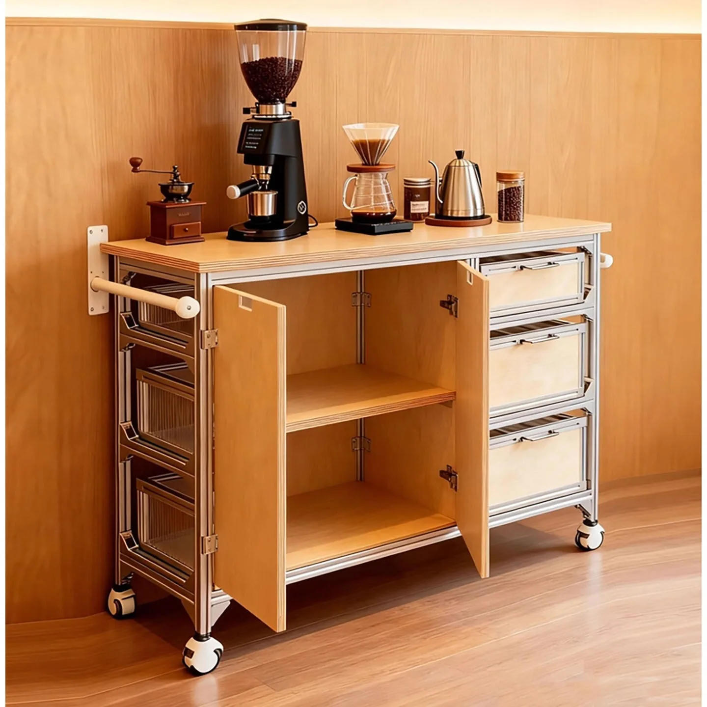 Ocean plate dining side cabinet open modern simple movable multi-layer storage cabinet aluminum profile coffee cabinet