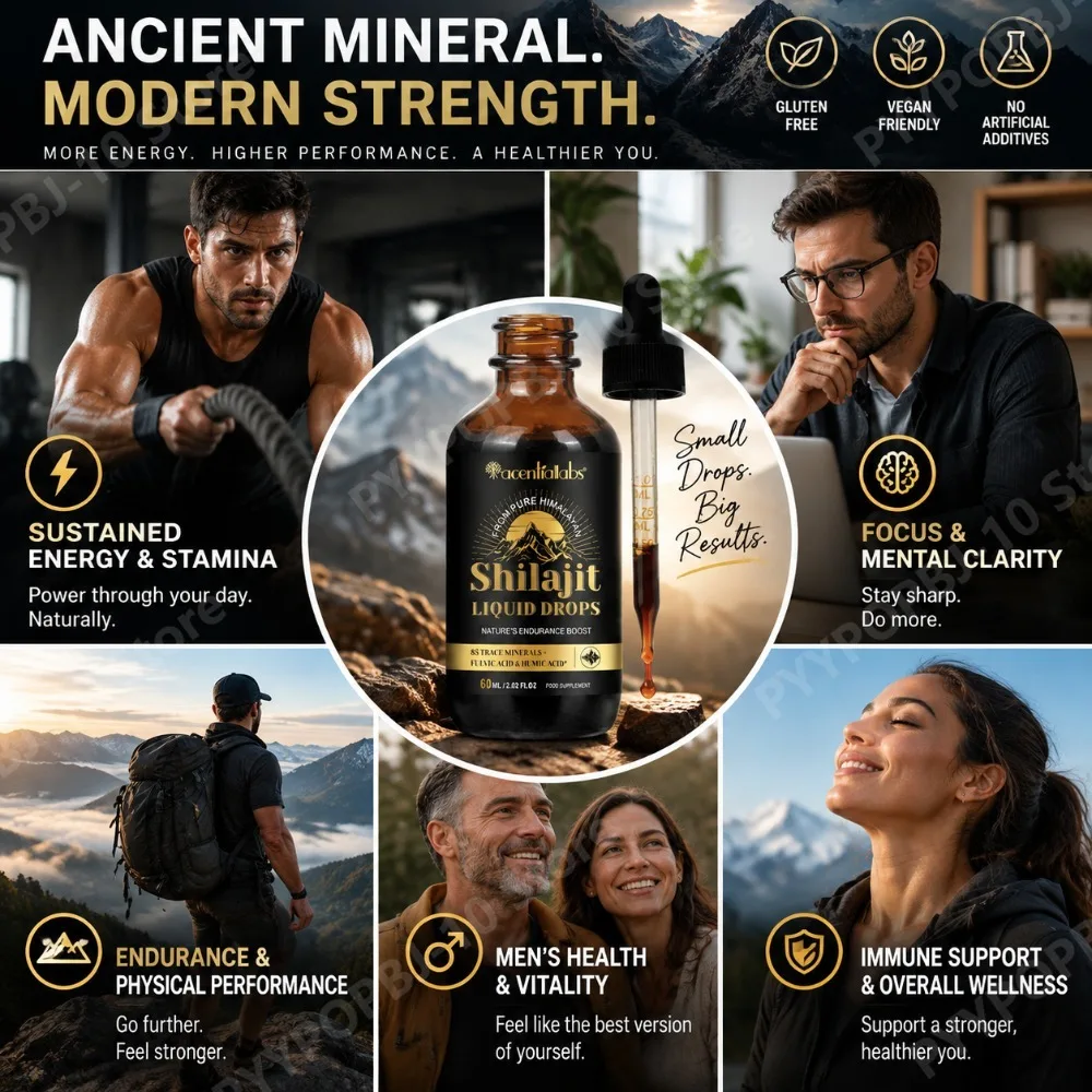 Energy & Endurance Himalayan Shilajit Liquid Drops with Fulvic Acid & Trace Minerals, Immune Support, Gluten-Free Vegan, 60ml