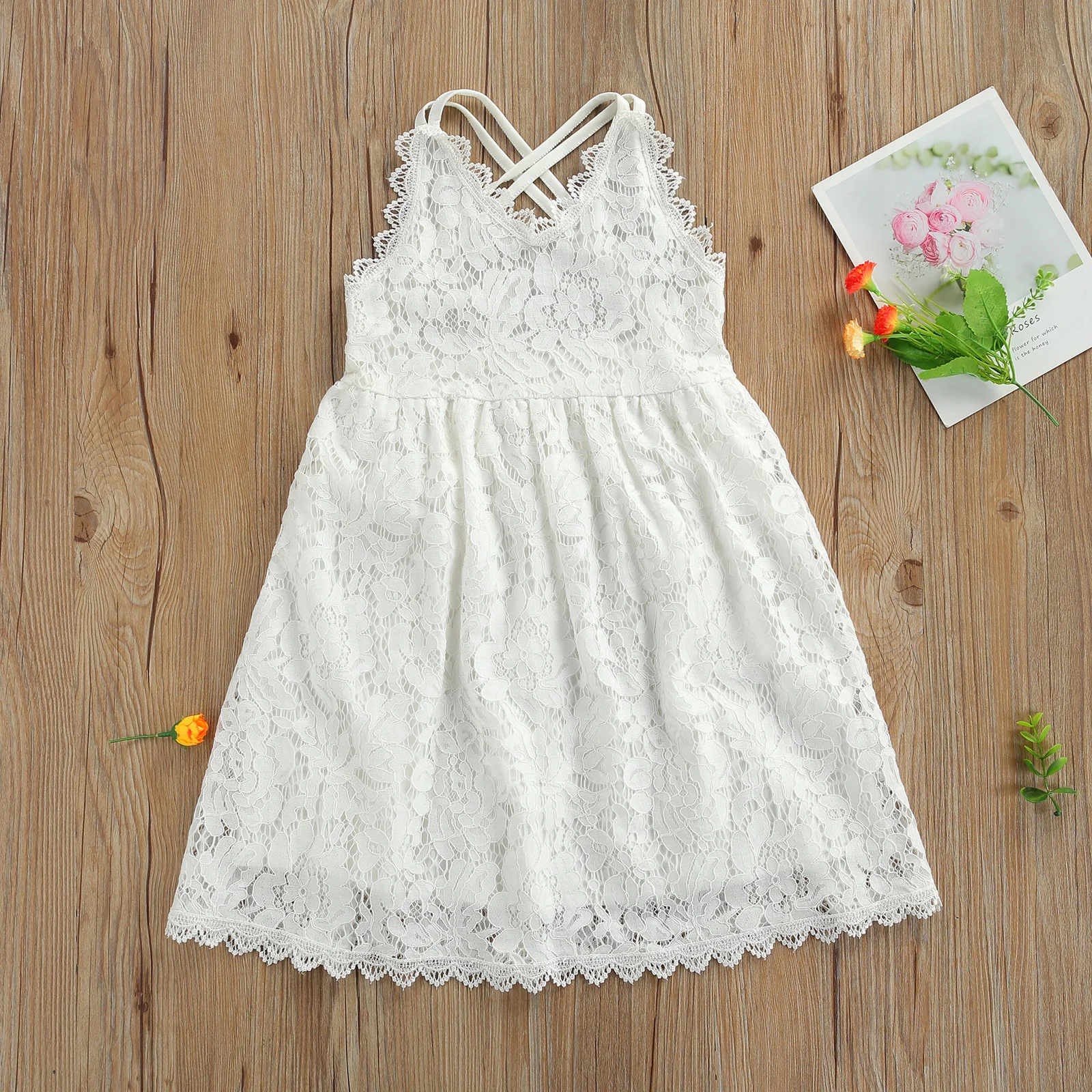 Kids Lace White Floral V-Neck Sleeveless Spaghetti Strap Sundress