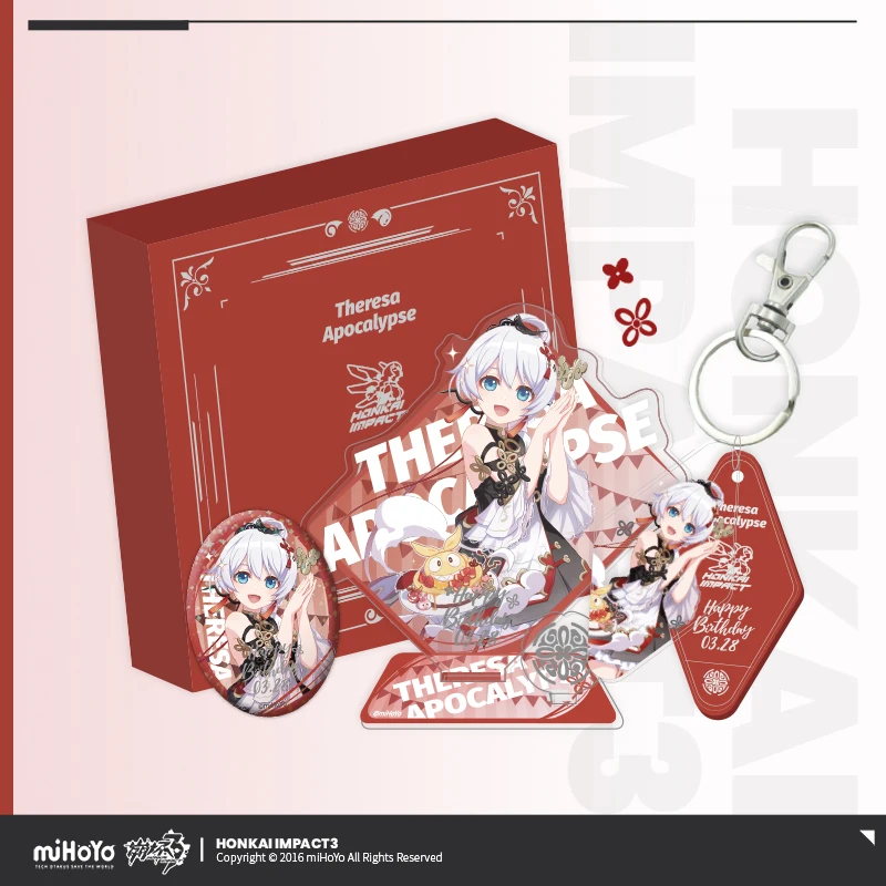 

Game Honkai Impact 3 Theresa Apocalypse Cosplay Stand Accessories Set Birthday Gift Box Anime Acrylic Pendant Statue Metal Badge