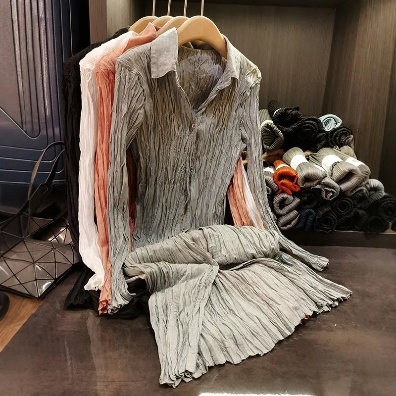 Miyake-vestido plisado para mujer, vestido camisero de Color sólido con pliegues de sentido para personas mayores, falda de longitud media plisada con solapa fina de verano 2025