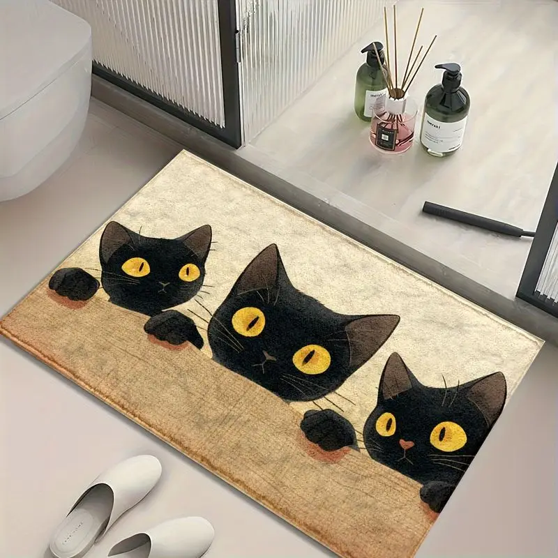 VIKAMA Black Cat Bath Mat Cute Kitten Peeking Non‑Slip Absorbent Floor Rug Bathroom Kitchen Home Indoor Home Decor