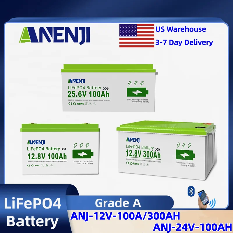 Batería LiFePO4 ANENJI 24V 100Ah 12V 100Ah, 6000+ ciclos de carga y descarga, BMS, batería de fosfato de hierro y litio, energía solar, paquete de baterías de litio para inversor de RV, panel solar.