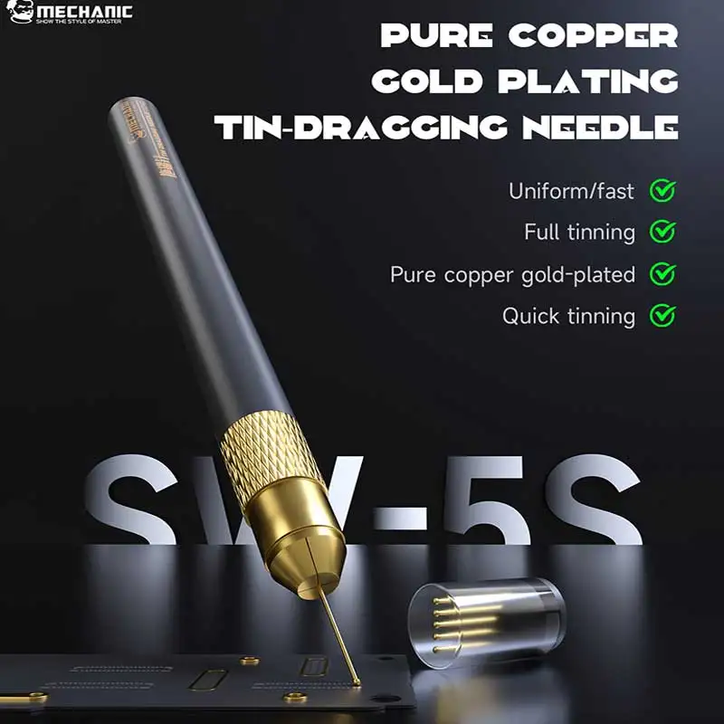 

MECHANIC SW-5S Pure Copper Gold Plating Tin-Dragging 5 Needles Ball Head Soldering Pen for Inline Seat PCB IC Repair Tool Set