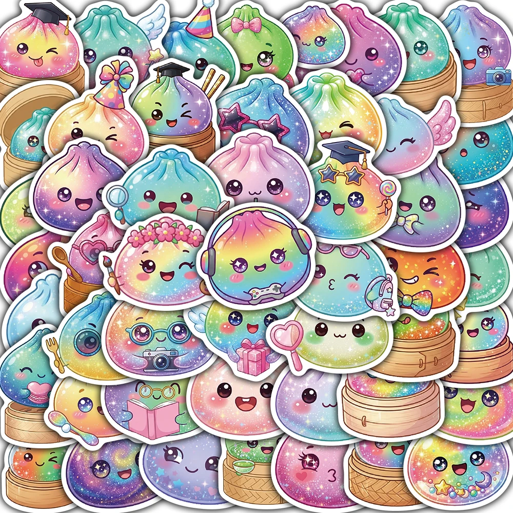 50PCS Holographic Kawaii Cartoon Colorful Dumpling Sticker Scrapbooking Streetwear Luggage Gift Retro Supplies Wall Stickers