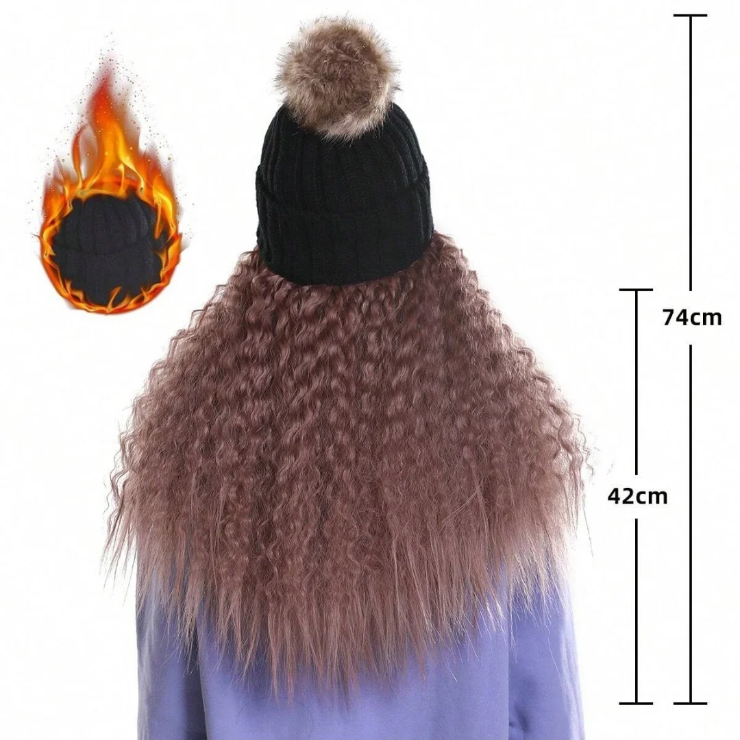 Hat Wig Brimless Cap with Long Curly Wave Hair Extensions Knitted Synthetic Removable Hairs Piece for Women Winter Use