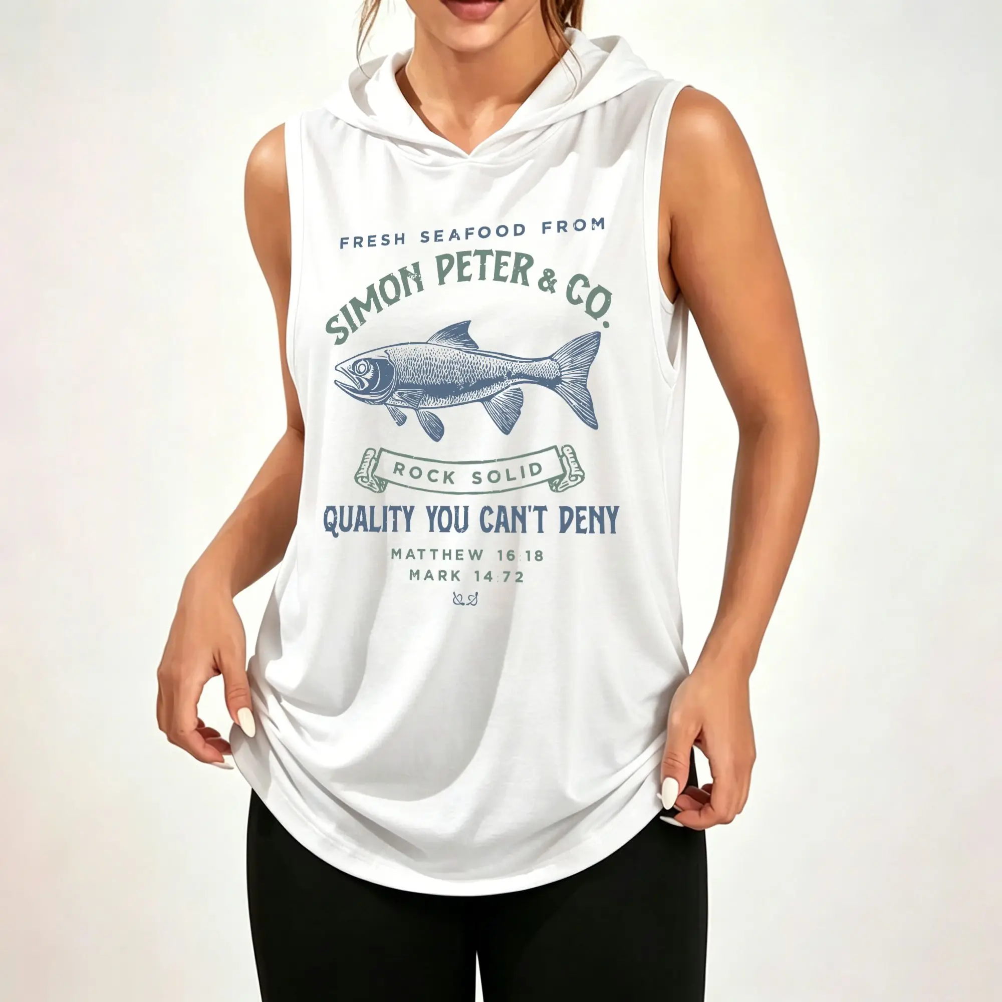 Women's Sleeveless Hoodie, Simon Peter & Co Vintage Fish Seafood Retro Graphic Print Casual Hooded Tank Top
