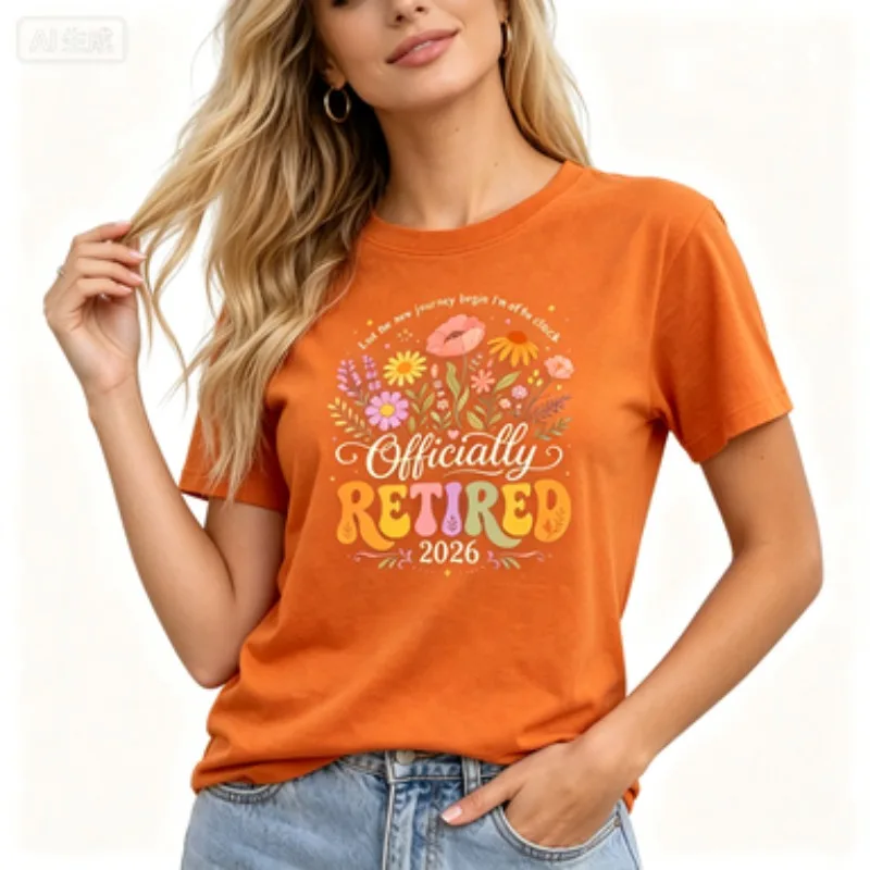 Women Cotton Round Neck Slim Fit Short Sleeve T‑Shirt Officially Retired 2026 Floral Print Retirement Casual Tee
