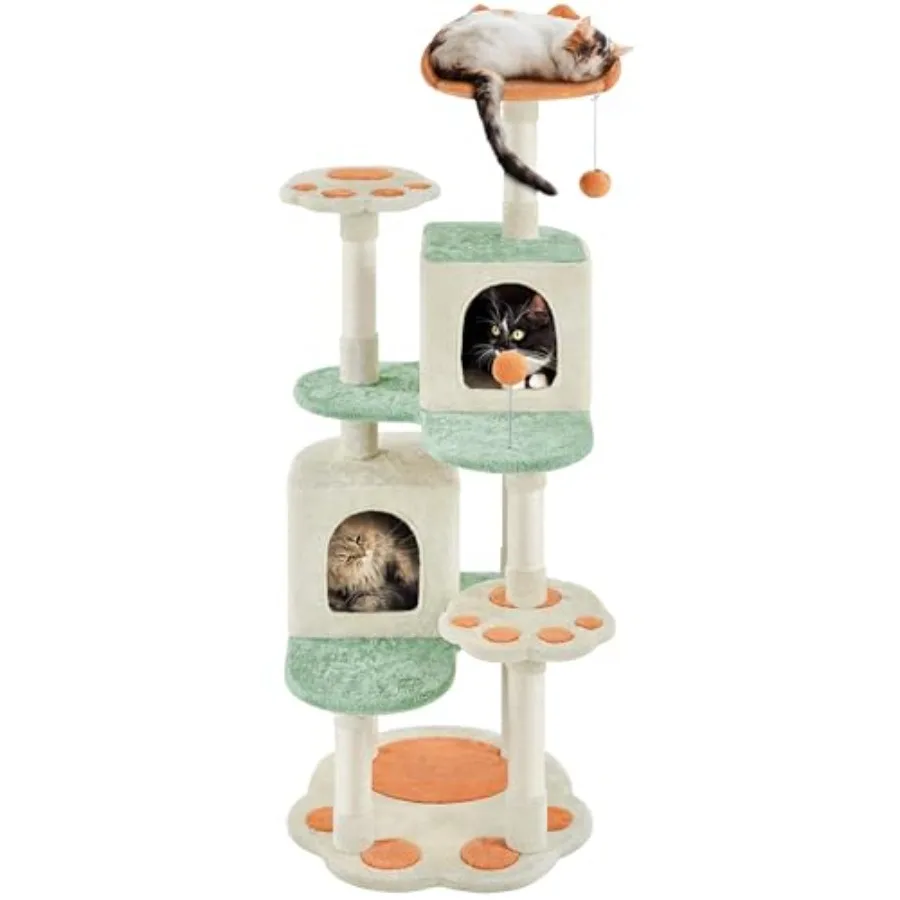 

57.5in Cat Tree Tower Multi-Functional Activity Center w/Cat Paw-Shaped Platform Scratching Posts 2 Condos and Dangling Balls f