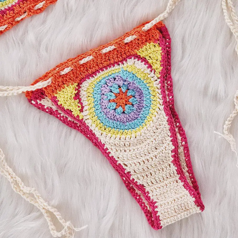 HLJ Summer New Sexy Color Block Knit 2 Piece Bikini Set Boho Style Spaghetti Strap Top + Bandage Briefs Matching Female Swimwear